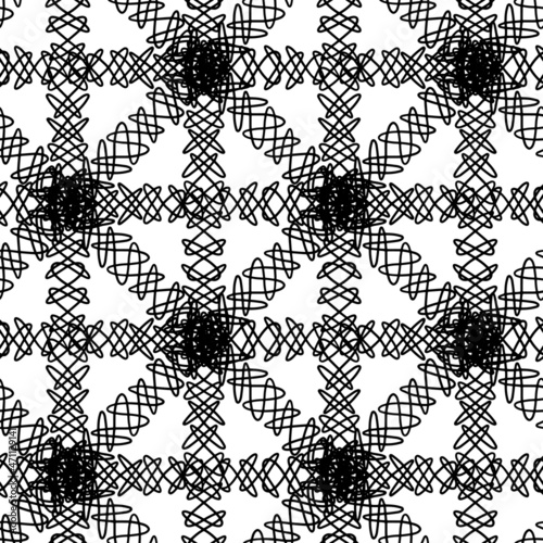 Looped yarn effect seamless vector pattern background. Geometric black and white backdrop with scribbled doodle stripes grid weave. Criss cross thread repeat. Fibre shape lattice texture print.