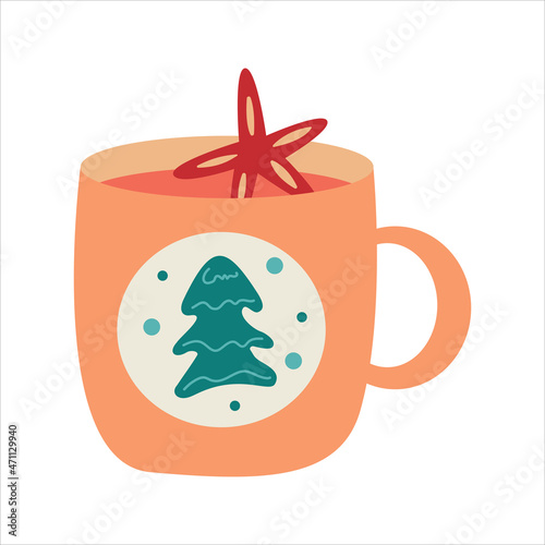 Cup with mulled wine, winter illustration