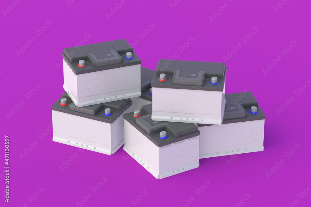 Heap of 12 V auto batteries on purple background. Battery capacity. Replacement of automotive parts. 3d render Heap of 12 V auto batteries on purple background. Battery capacity. Replacement of automotive parts. 3d render