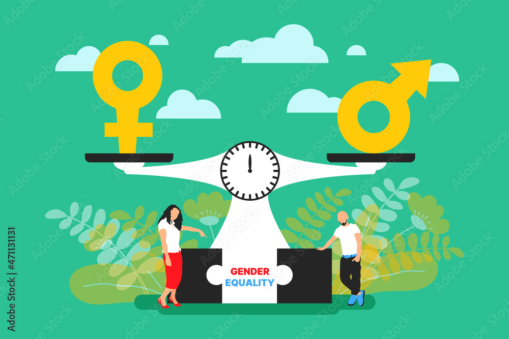 Gender equality modern concept design. Female and Male sex gender sign, icon, symbol on weight scale. Vector illustration