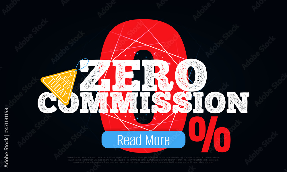 Fototapeta premium 0% commission web banner, promo poster, sale flyer, placard, landing page. Number and text black background. Special limited offer zero commission shop design. Vector illustration.