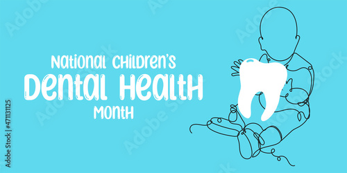 National Children's Dental Health Month. Continuous line drawing little baby with tooth. vector illustration
