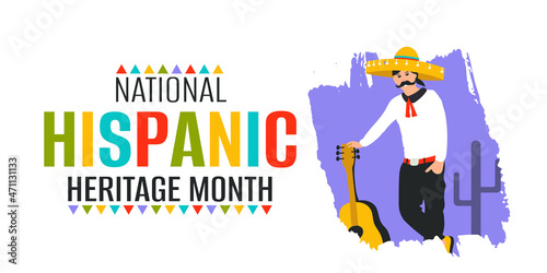 Hispanic heritage month banner, poster, placard, flyer. Greeting text and Men in Mexican national hat sombrero and guitar on white background. Vector illustration