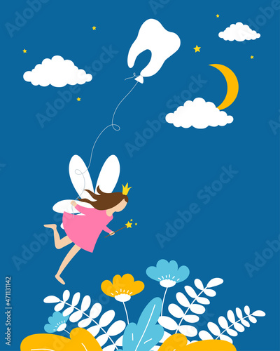 Little tooth fairy girl with tooth air balloon on night blue background. Vector illustration.