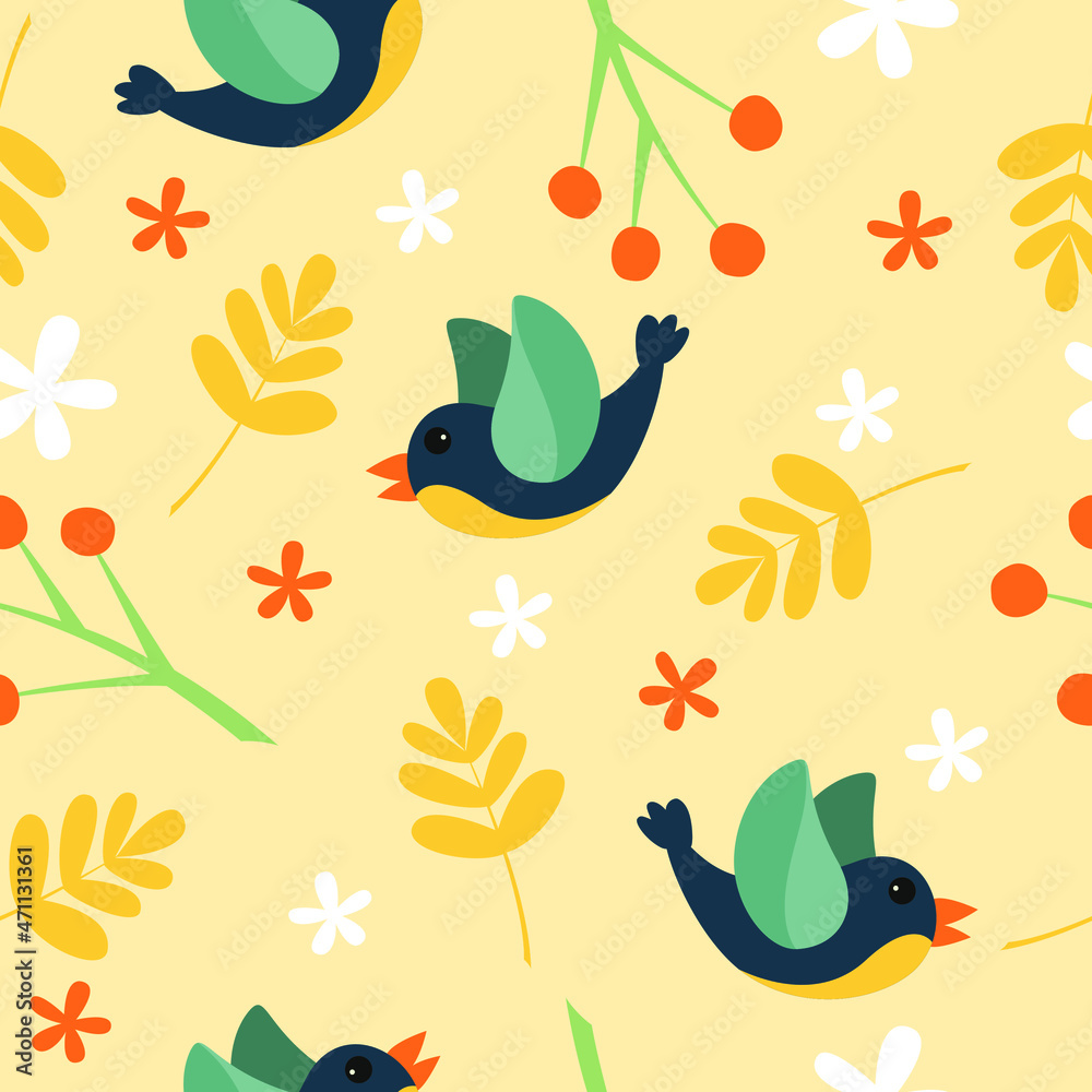 seamless pattern with birds and berries 