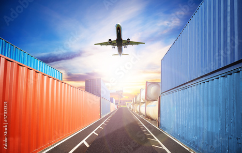 Shipping concept plane fly over containers port