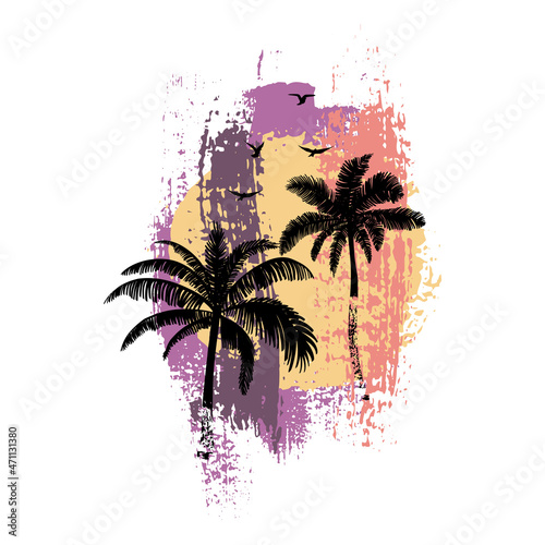 Pink beach sunshine grunge palm and biach in vintage style on white background. Sunset light. Vector silhouette. Stamp texture. Abstract bright wallpaper.