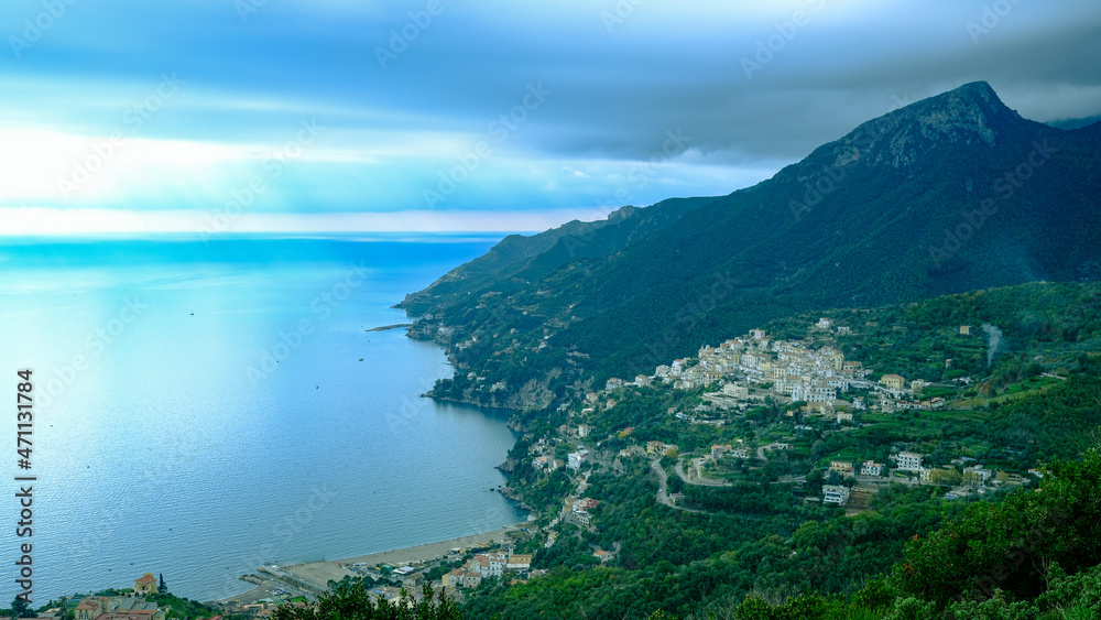 View of Raito di Vietri sul Mare, Amalfi Coast, Salerno, Italy. view of the village with sea and mountains