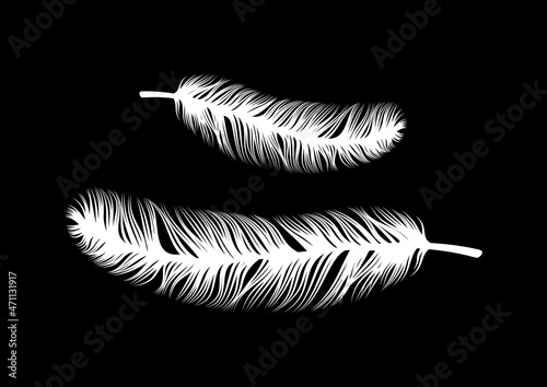 Fluffy bird feathers white silhouette icon vector. White feather icon isolated on a black background. Quill design element