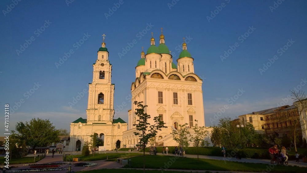 Ancient historical building of orthodox church cathedral in Russia, Ukraine, Belorus, Slavic people faith and beleifs in Christianity Astrakhan