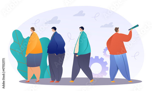 Creative human decisions. While others give up, man with binoculars looking for new solution, alternative path, innovation. Creative person, leader, businessman. Cartoon flat vector illustration