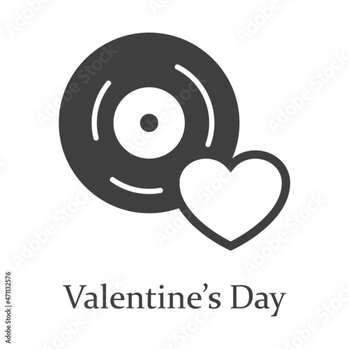 Logotipo con texto Valentine's Day con disco de vinilo con corazón para su uso en invitaciones y tarjetas de felicitación en color gris