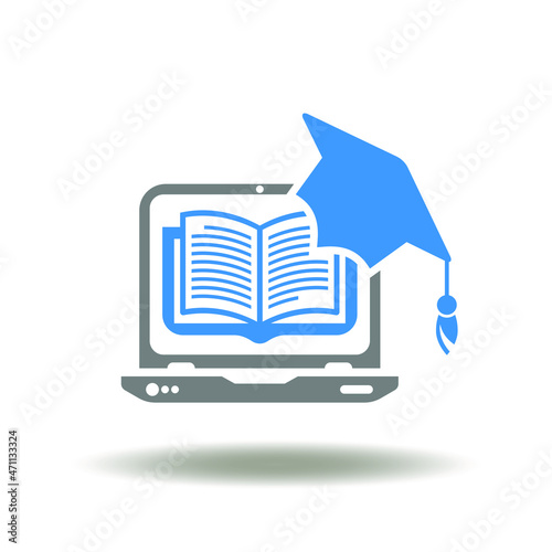 Vector illustration of laptop with book and graduation cap. Icon of electronic learning. Symbol of e-learning.