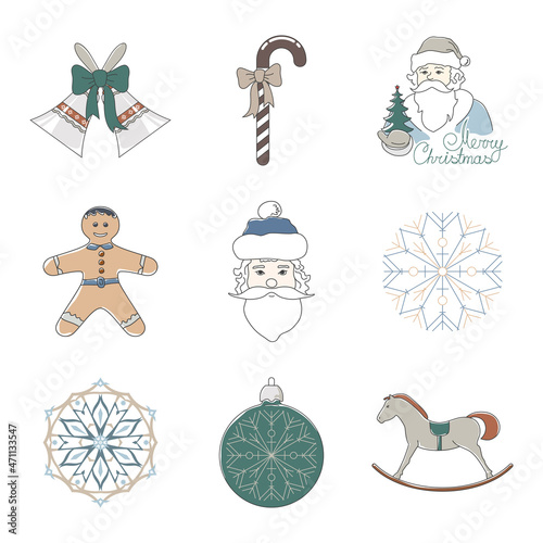 Merry Christmas elements, jingle bells and rocking horse, Santa Claus holds in a hand tree, cookie gingerbread and striped candy cane, Christmas ball and snowflake, vector illustration