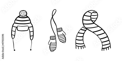 Winter accessories, hat with earflaps, mittens, scarf. Warm clothes. Doodle vector illustration
