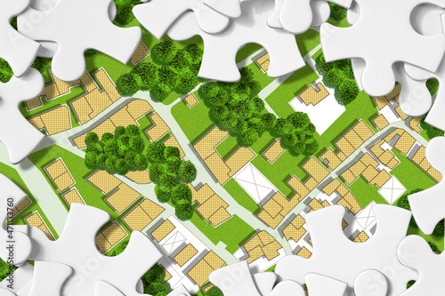Imaginary city map with residential buildings, roads, gardens green areas and trees - green city concept in jigsaw puzzle shape