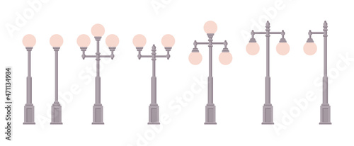 Vector streetlamps set. Flat streetlights on white background.
