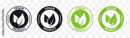 Vegan product labels vector set. Black and green vegan food stamp icons. Isolated vegetarian symbol collection. Packaging badges design, vector illustration.