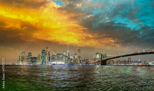 Amazing sunset sky over Lower Manhattan, New York City - USA.