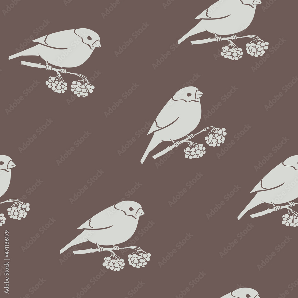 Seamless pattern with a bullfinch, bullfinch sitting on a branch with bunches of rowan on a brown background, Merry Christmas and Happy New Year concept, vector illustration Seamless pattern with a bullfinch, bullfinch sitting on a branch with bunches of rowan on a brown background, Merry Christmas and Happy New Year concept, vector illustration