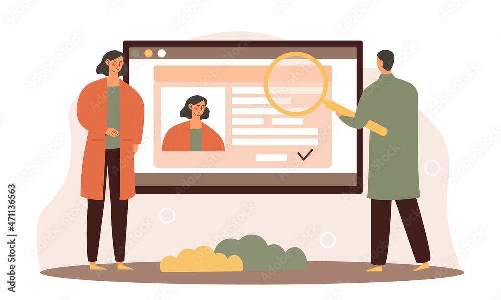 Concept of digital citizenship. Man and girl evaluate information on screen using loupe. Characters exploring archives. Firm looking ways to collect statistics. Cartoon flat vector illustration