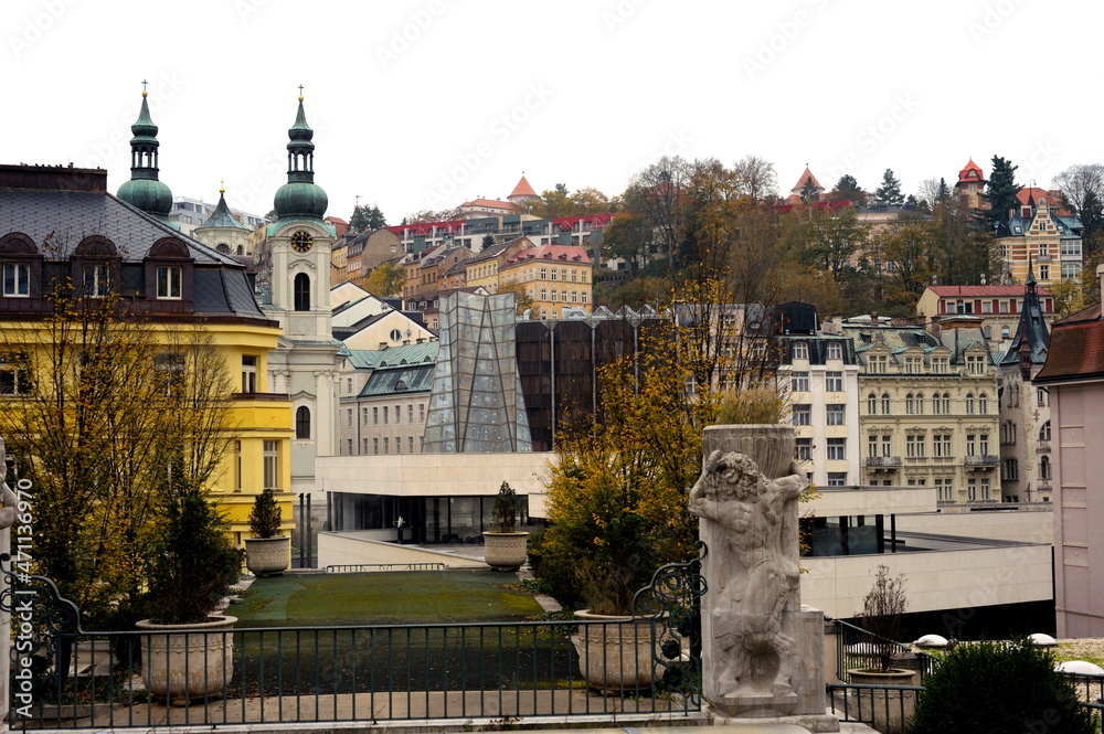 Czech Republic, Karlovy Vary. Ancient architecture of one of the most beautiful cities in the world (hotels, shops) along the Tepla River