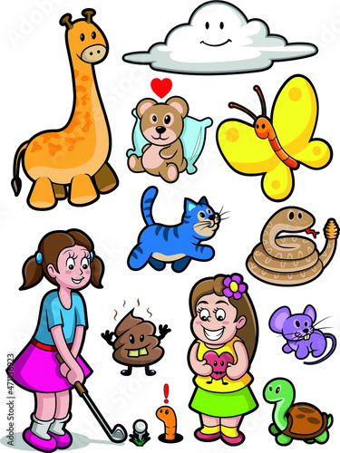 Various children's figurines of girls and animals