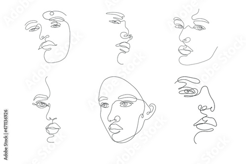 One line hand drawn face set. Eyes, lips, nose. Vector illustration isolated on white background. 