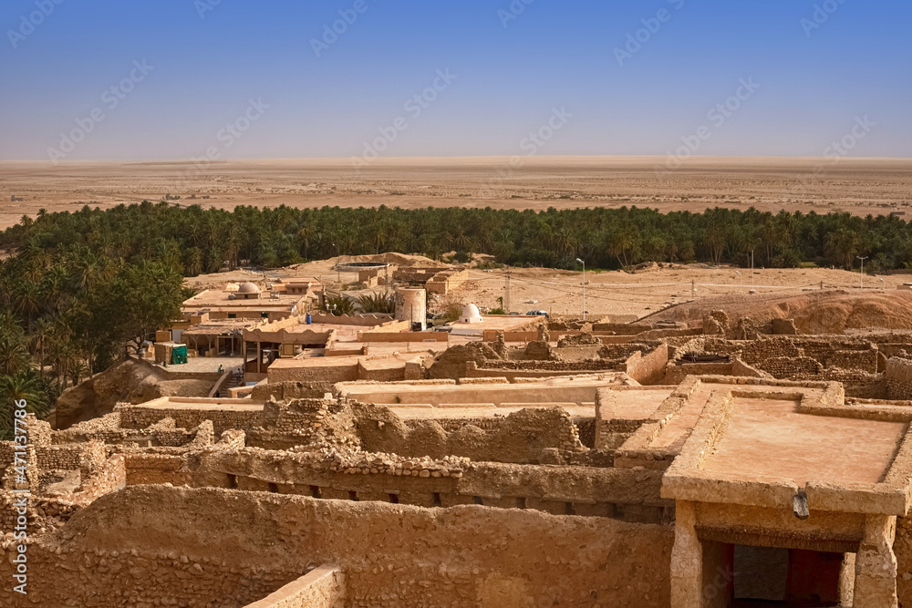 View of the old abandoned village in the middle of the Sahara Desert, Tunisia, Africa