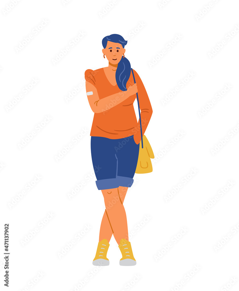 Young woman vaccinated showing arm with patch afer vaccination shot flat vector illustration. Isolated. Young woman vaccinated showing arm with patch afer vaccination shot flat vector illustration. Isolated.