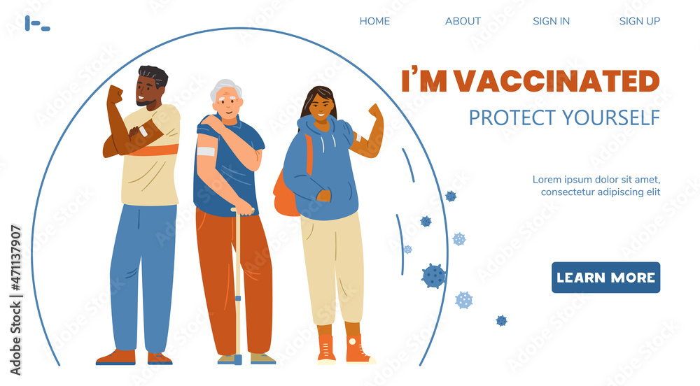 Vaccination against coronavirus vector landing page template. Multiracial people showing hands with patches after vaccine shot.