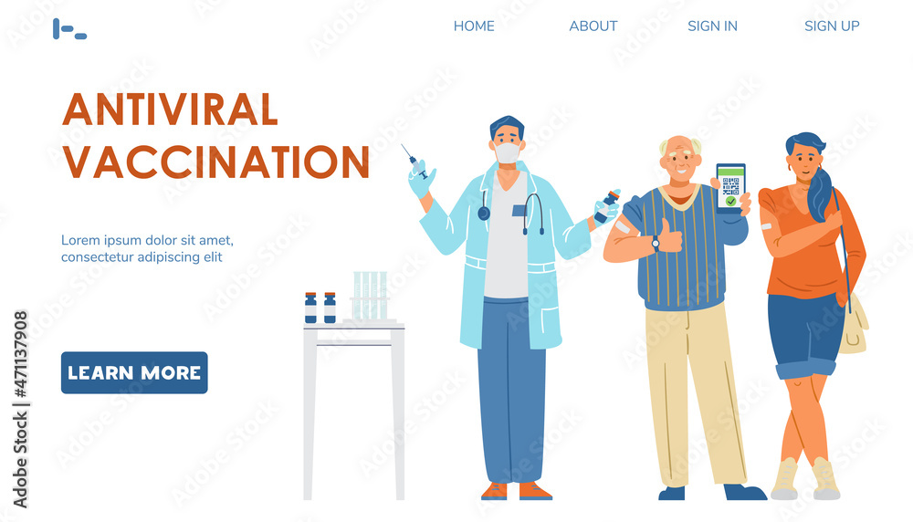Vaccination against coronavirus vector landing page template. Happy senior man and young woman showing hands with patches. Vaccination against coronavirus vector landing page template. Happy senior man and young woman showing hands with patches.
