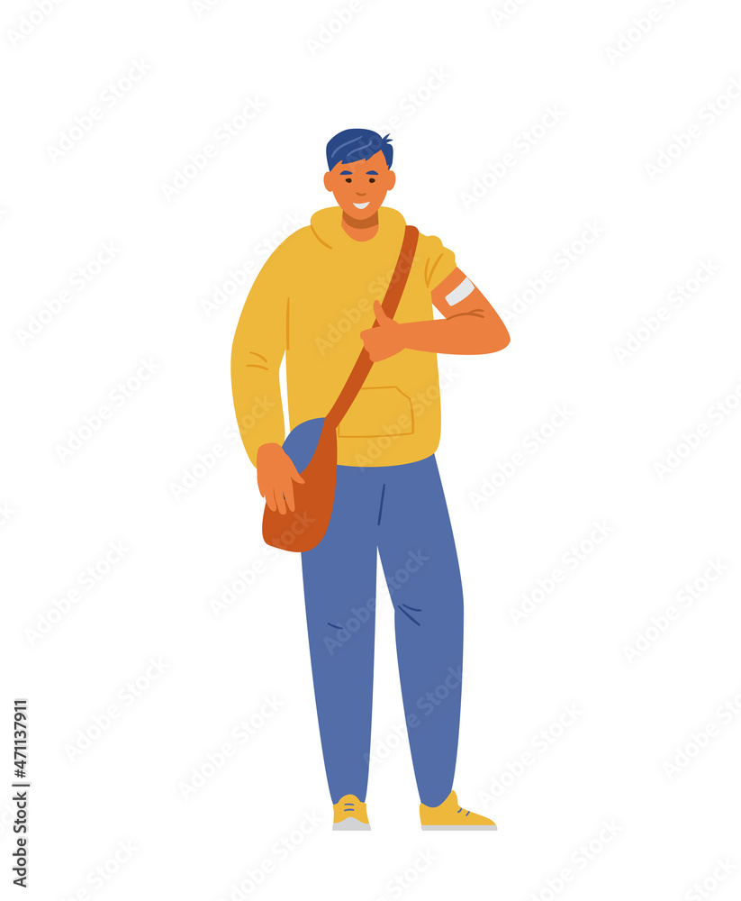 Young man vaccinated showing shoulder with patch after vaccine shot flat vector illustration. Isolated on white. Young man vaccinated showing shoulder with patch after vaccine shot flat vector illustration. Isolated on white.