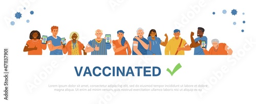 Leinwand Poster Multiracial people vaccinated flat vector banner