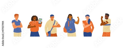 Multiracial young people vaccinated flat vector set. Adults showing hands with patches after getting vaccine shot.