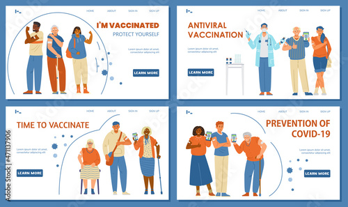 Vaccination against coronavirus vector set of landing page templates. Happy senior and young men and women showing hands with patches or holding phones with vaccination certificate.