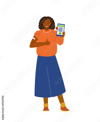African american young woman vaccinated showing arm with patch and  phone screen with vaccination certificate flat vector illustration. Isolated.