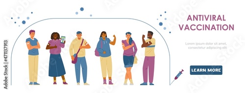 Vaccination against coronavirus vector banner. Multiracial young men and women  showing hands with patches after getting vaccine shot.