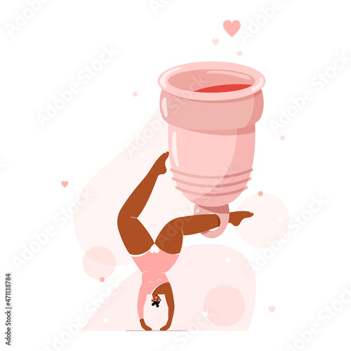 Vector illustration in flat style. Young African-American woman stands in an uncomfortable yoga position and holds menstrual cup on her leg.