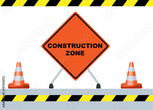 Under construction zone, road cones, warning tape vector illustration