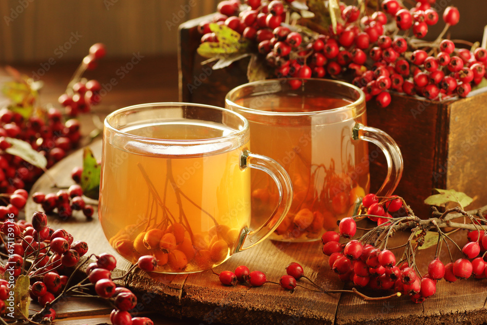 Haw thorn berry tea in a glass cup on rustic background, red herbal tea is a cardiovascular drink against heart disease, insomnia, neurosis and hypertension, closeup, copy space, naturopathy concept Haw thorn berry tea in a glass cup on rustic background, red herbal tea is a cardiovascular drink against heart disease, insomnia, neurosis and hypertension, closeup, copy space, naturopathy concept