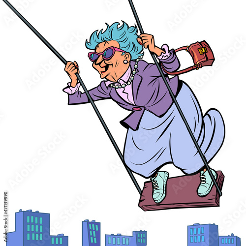 a old woman on a swing, laughing and having fun, flying over the city