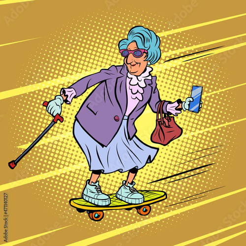 grandma rides a skateboard, active recreation of the elderly. Street sports