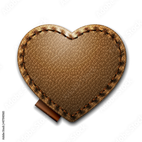 Brown heart stitched black leather label isolated on white background vector template.