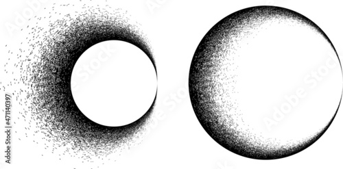 Distorted geometric shape . Minimal art design . Noise destroyed circle logo . Trendy defect error shapes . Glitched frame .Spray effect .Grunge texture . Distressed element .vector 