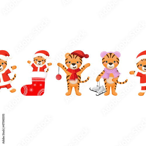 Christmas seamless border with little tiger. Cute Christmas and New Year background. © Anna