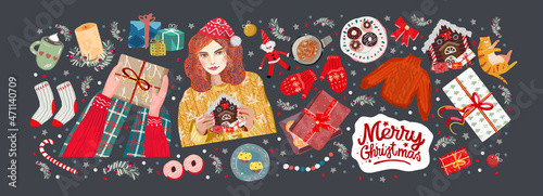 Merry Christmas and Happy New Year! Vector illustrations of holiday, gifts, Santa Claus woman, hands, sweater, mittens, knitted, socks, house, cat. Drawings for card, poster or background