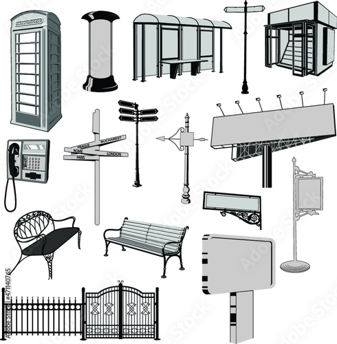 Collection of urban furniture vector silhouette. London phone booth, road signs, unipole, billboard, bus stop, bench, newspaper stand.