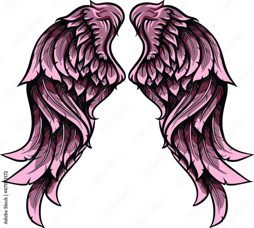 Seraphim pair of wings vector illustration. Hand drawn beautiful feathers.
