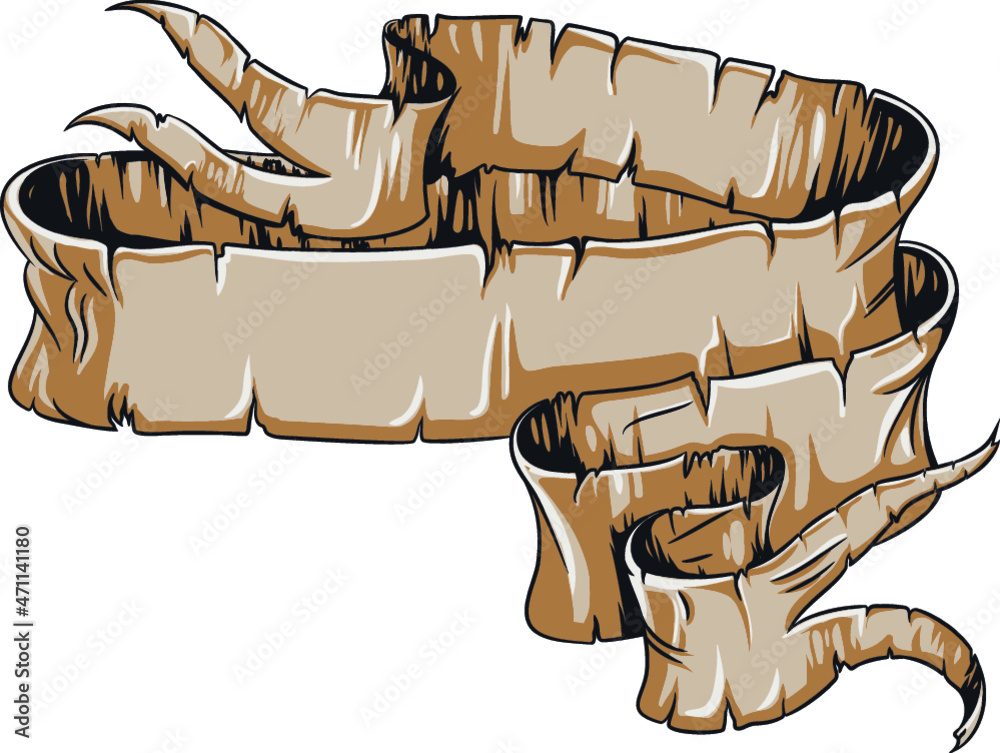 Medieval aged scroll paper with broken portions. Hand drawn ribbon